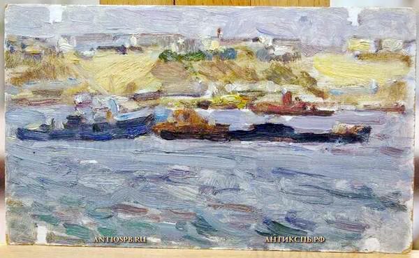 160. Картина "Баржи". Картон, масло. Художник: А. Бантиков. СССР. Сер. XX века.